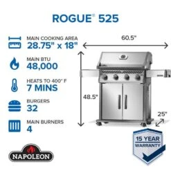 Napoleon Rogue 525 57" 4-Burner Stainless Steel Freestanding Natural Gas Grill -Grill Collection Napoleon Rogue 525 57 4 Burner Stainless Steel Freestanding Natural Gas Grill 11 1