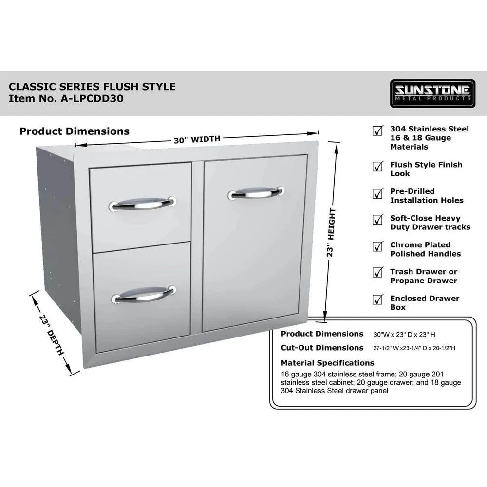 Sunstone Classic Series 30" Stainless Steel Tank Tray Double Drawer Combo 6 Sunstone Classic Series 30" Stainless Steel Tank Tray Double Drawer Combo - Image 6