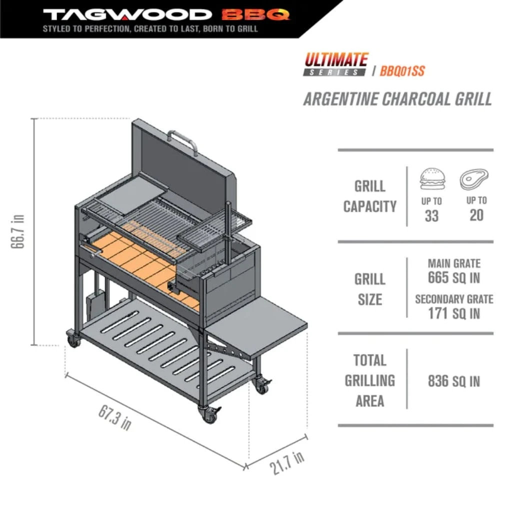 Tagwood BBQ 67" BBQ01SS All Stainless Steel Argentine Santa Maria Wood Fire & Charcoal Grill W/ Top Lid 12 Tagwood BBQ 67" BBQ01SS All Stainless Steel Argentine Santa Maria Wood Fire & Charcoal Grill W/ Top Lid - Image 12